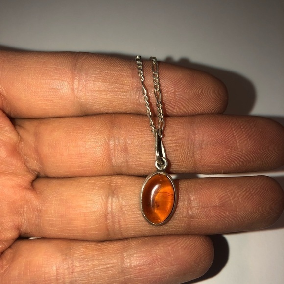 VTG Sterling Amber Pendant & Figaro Link Chain 18” & 1” - Picture 5 of 9